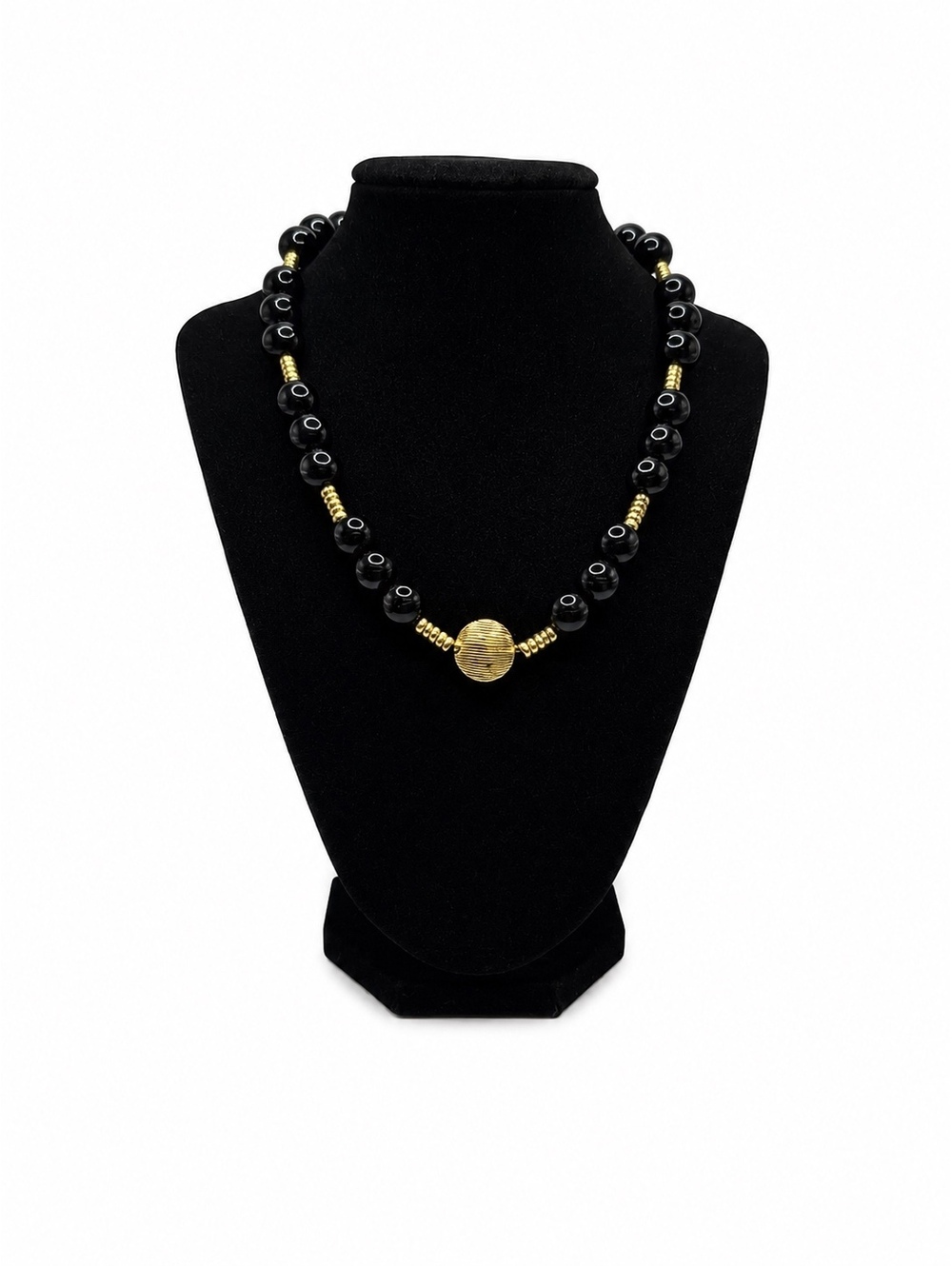 Jewelry By GG Black and Gold Onyx and Pewter 9" Beaded Necklace